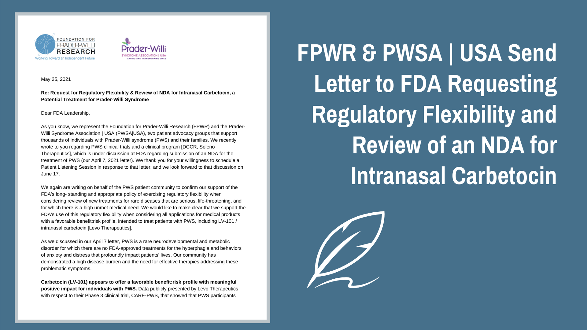 Levo FDA Letter, Prader-Willi Syndrome Association | USA
