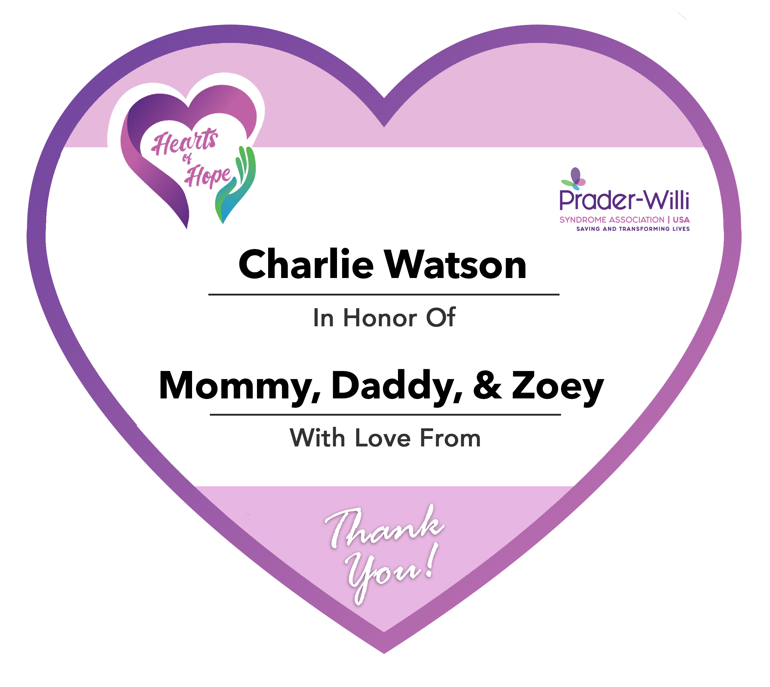 PWSA Paperheart CharlieWatson, Prader-Willi Syndrome Association | USA