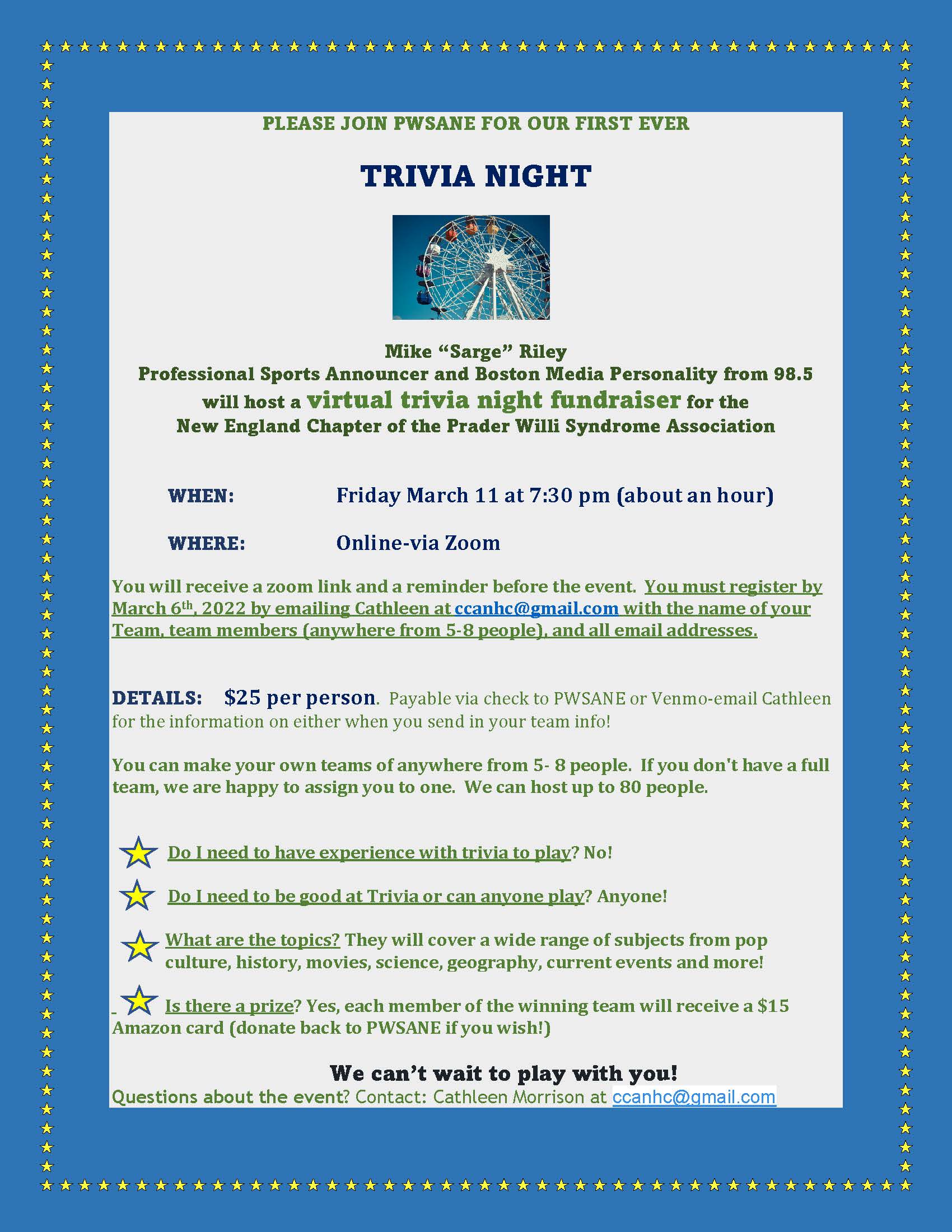 Flyer For Trivia , Prader-Willi Syndrome Association | USA