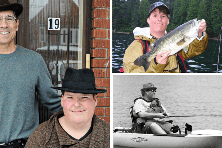 3 photos of Jacob Zavitz: one with an older gentleman and the other two fishing