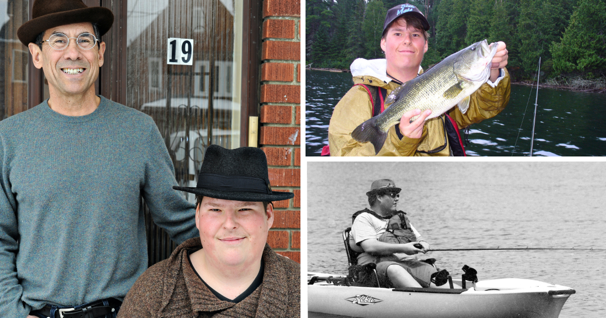 3 photos of Jacob Zavitz: one with an older gentleman and the other two fishing