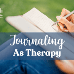 The mother of an individual with Prader-Willi Syndrome writes into a journal with the text Journaling as Therapy