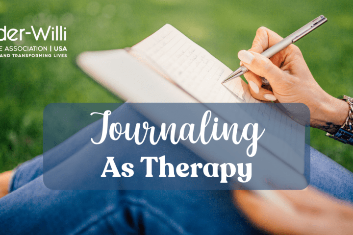 The mother of an individual with Prader-Willi Syndrome writes into a journal with the text Journaling as Therapy