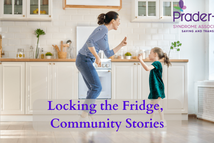 Locking the Fridge, Community Stories text on image of mother and daughter with pws in kitchen