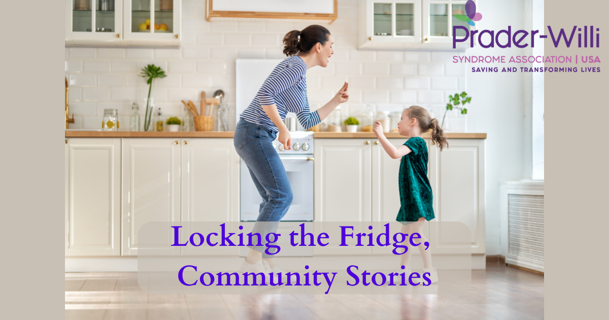 Locking the Fridge, Community Stories text on image of mother and daughter with pws in kitchen