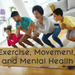 PWS family does squats in their living room with the title Exercise, Movement, and Mental Health and Prader-Willi Syndrome Association logo