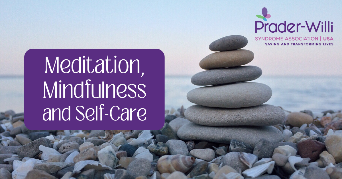 Stacked rock tower against a backdrop of pebbles and water with Prader-Willi Syndrome Assocation logo