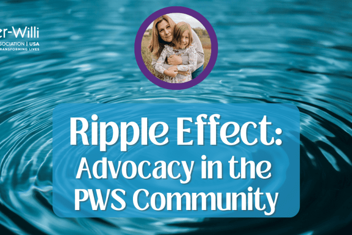 Photo of ripples in water and a mother and daughter with Prader-Willi Syndrome