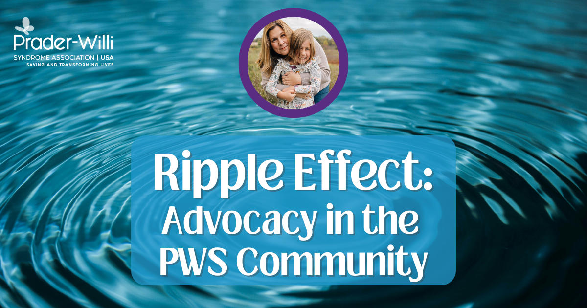 Photo of ripples in water and a mother and daughter with Prader-Willi Syndrome