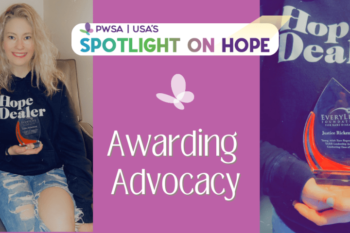 A young woman with Prader-Willi Syndrome holds an award for being a Young Rare Leader in Advocacy