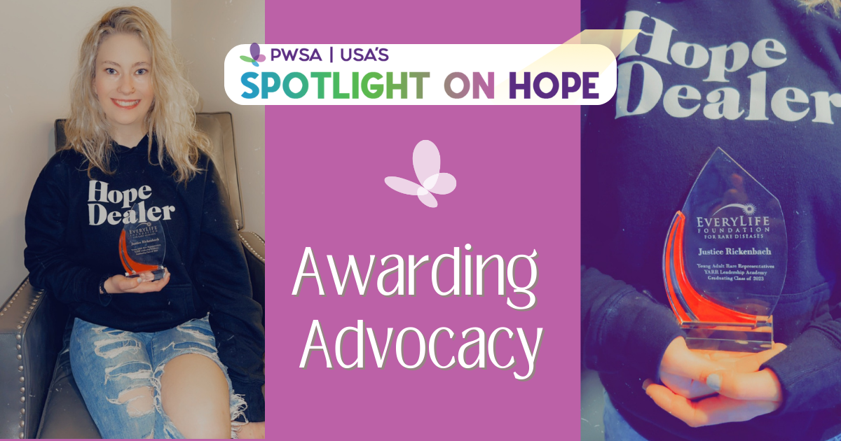 A young woman with Prader-Willi Syndrome holds an award for being a Young Rare Leader in Advocacy