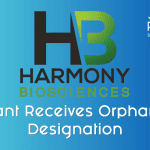 Blue backgound with Harmony Bioscienes label for pitolisant as treatment for Prader-Willi Syndrome