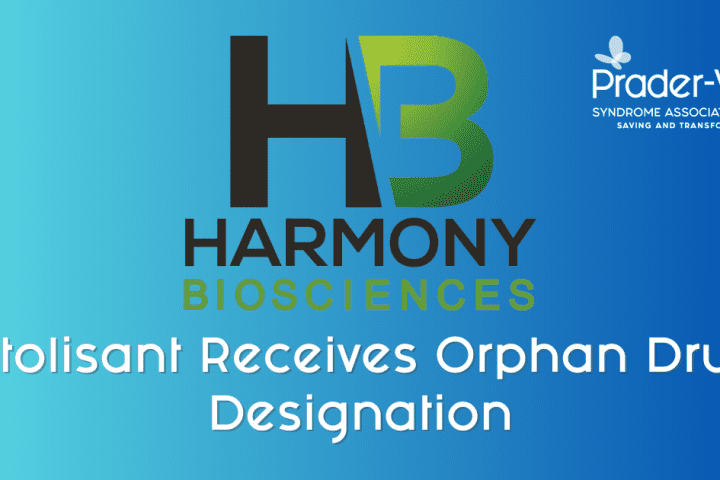 Blue backgound with Harmony Bioscienes label for pitolisant as treatment for Prader-Willi Syndrome