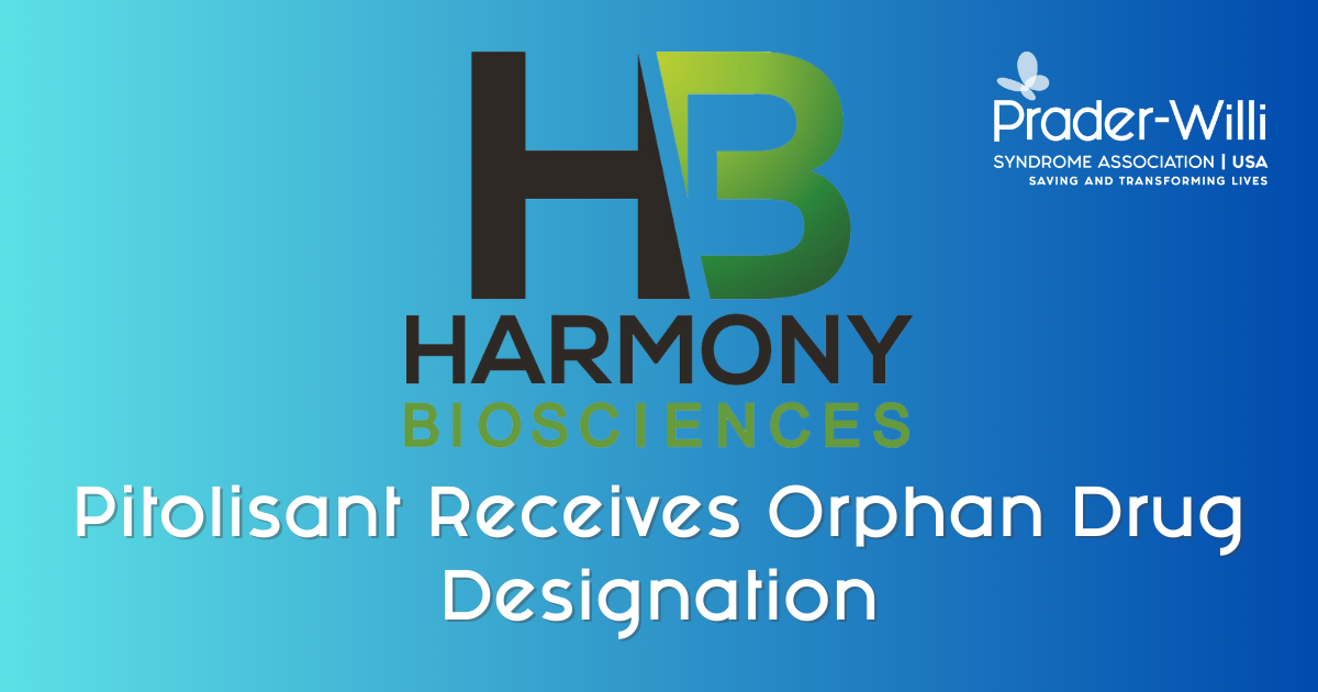 Blue backgound with Harmony Bioscienes label for pitolisant as treatment for Prader-Willi Syndrome