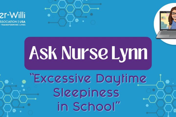 Medical graphic with title "EDS in Schools" for Excessive Daytime Sleepiness in schools for kids with Prader-Willi Syndrome