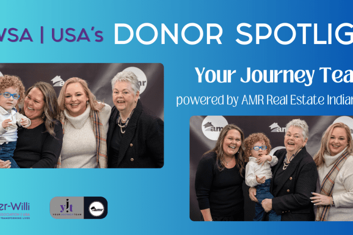 Two group photos of female donors to PWSA | USA , one holding a little boy with Prader-Willi Syndrome