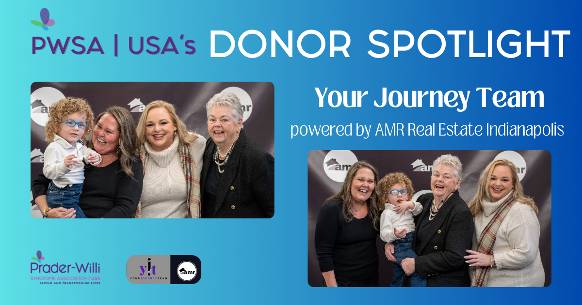 Two group photos of female donors to PWSA | USA , one holding a little boy with Prader-Willi Syndrome