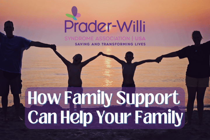 A family of someone with Prader-Willi Syndrome holds hands on a beach at sunset