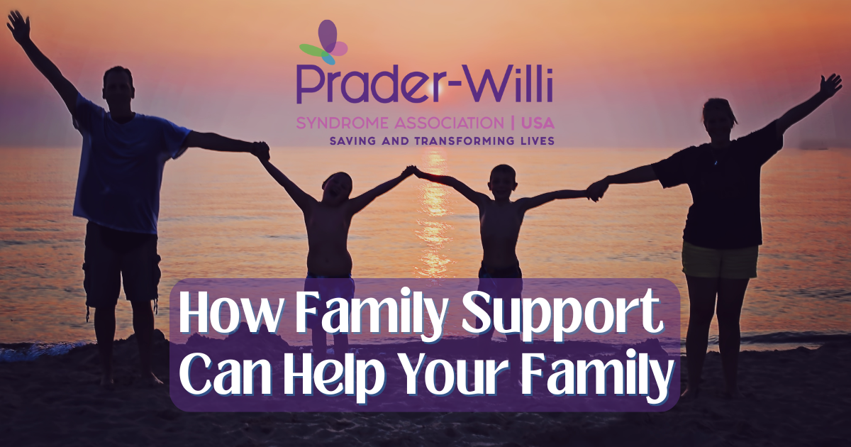 A family of someone with Prader-Willi Syndrome holds hands on a beach at sunset