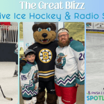 Photo collage of a man with Prader-Willi Syndrome in a hockey uniform on the ice, one photo of him posing with a mascot and a child with PWS
