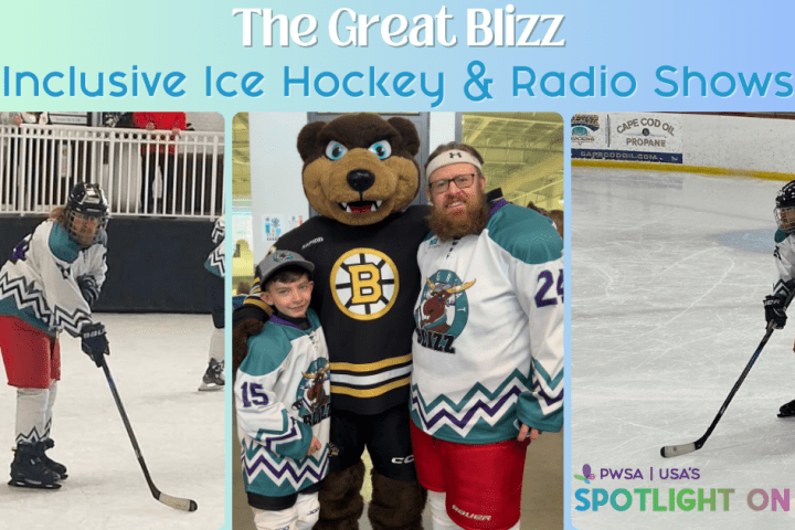 Photo collage of a man with Prader-Willi Syndrome in a hockey uniform on the ice, one photo of him posing with a mascot and a child with PWS