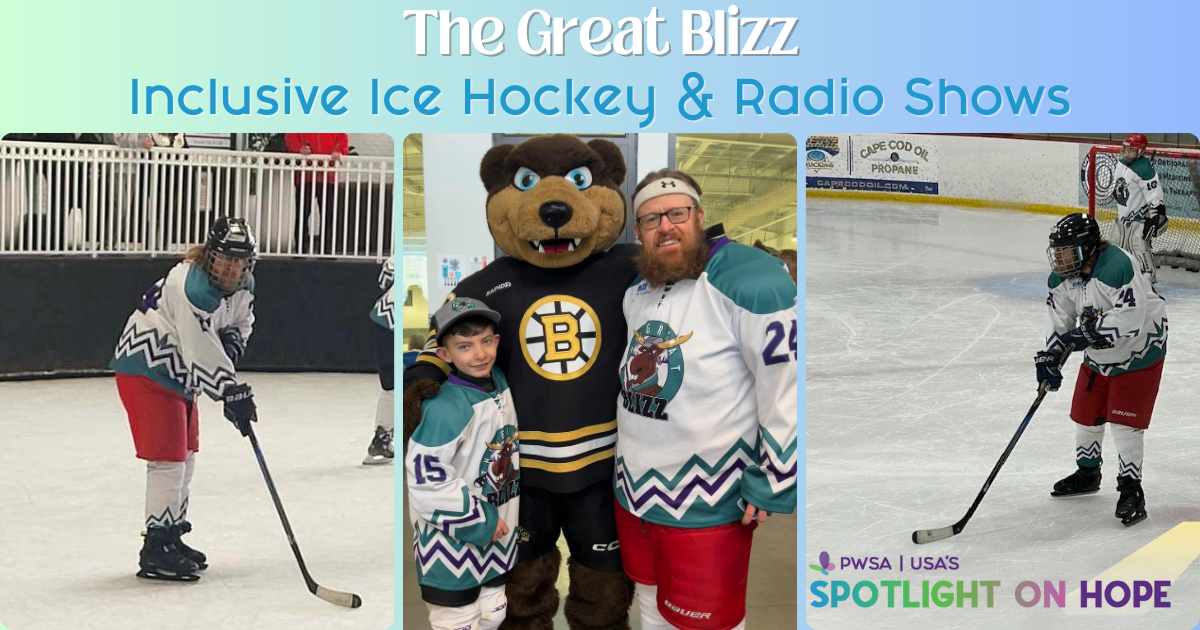 Photo collage of a man with Prader-Willi Syndrome in a hockey uniform on the ice, one photo of him posing with a mascot and a child with PWS