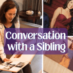 Photo collage of an adult woman with her adult female sister with Prader-Willi Syndrome looking at a photo album, dressed up, old photo of these same siblings as kids with their mom