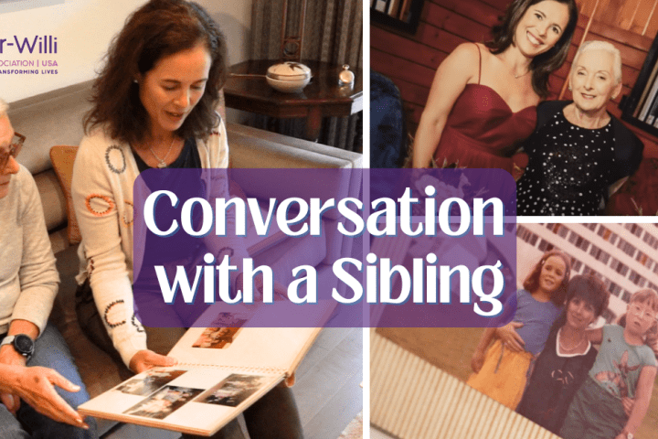 Photo collage of an adult woman with her adult female sister with Prader-Willi Syndrome looking at a photo album, dressed up, old photo of these same siblings as kids with their mom