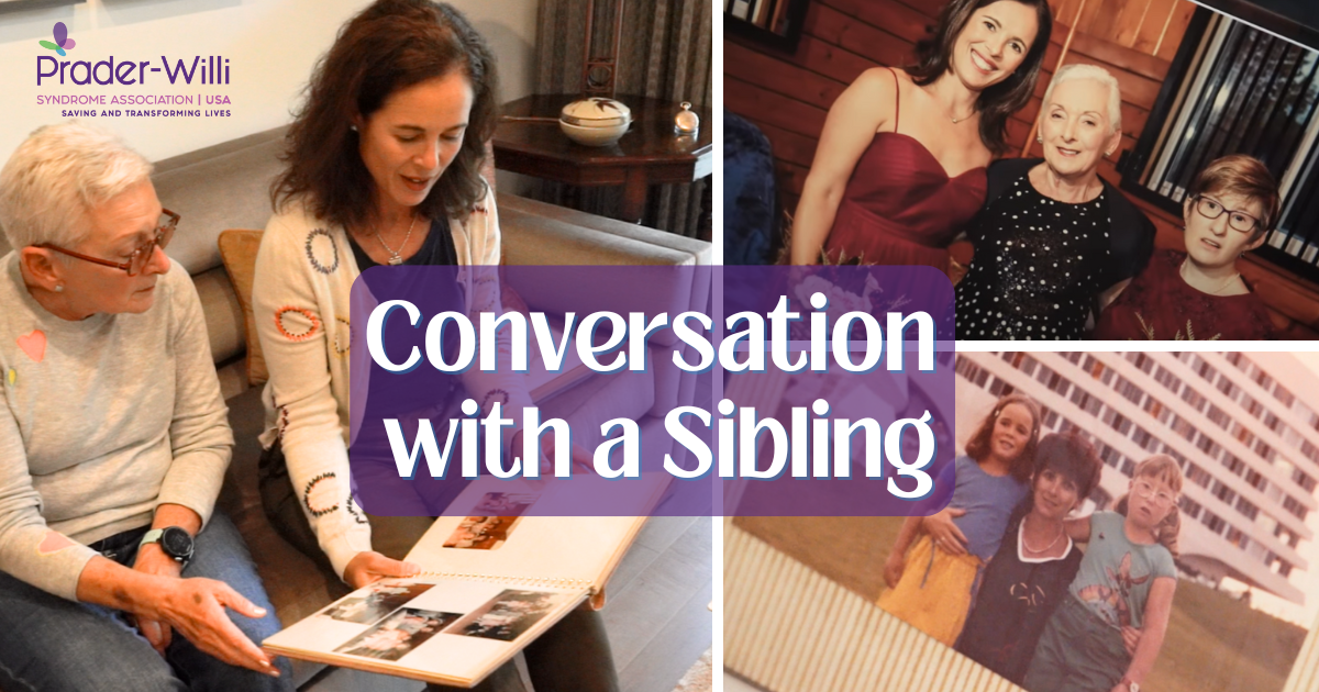 Photo collage of an adult woman with her adult female sister with Prader-Willi Syndrome looking at a photo album, dressed up, old photo of these same siblings as kids with their mom