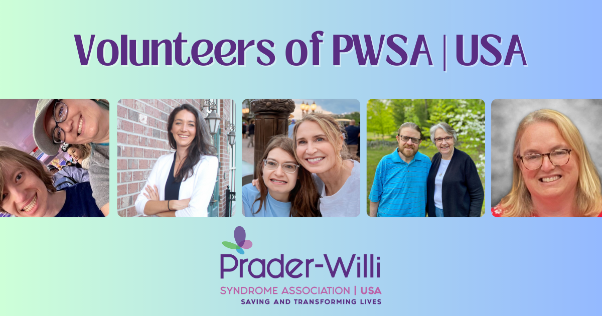 Photo collage of people who volunteer for PWSA | USA to help people with Prader-Willi syndrome