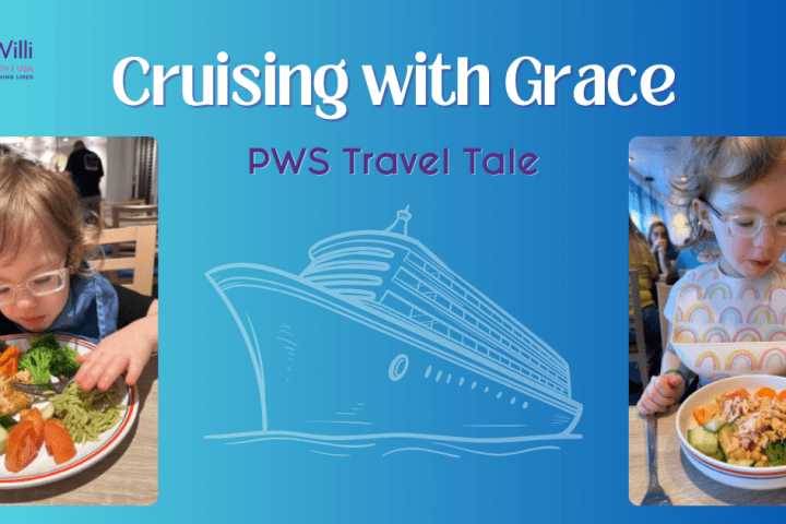 Two pictures of a young girl with Prader-Willi Syndrome eating healthy meals on a cruise ship