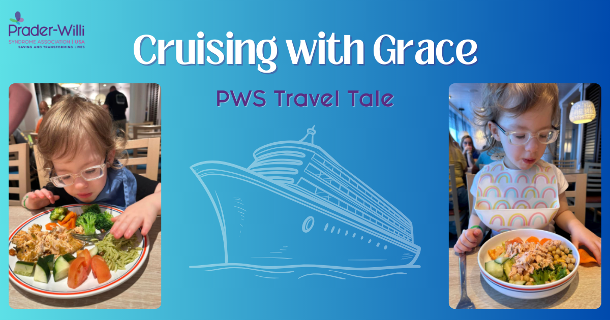 Two pictures of a young girl with Prader-Willi Syndrome eating healthy meals on a cruise ship